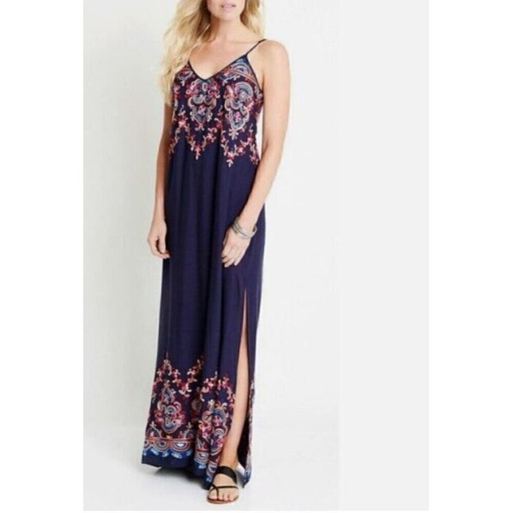 Karen Kane Dress Womens Medium Navy Blue Embroidered Maxi Sleeveless Beachy Boho